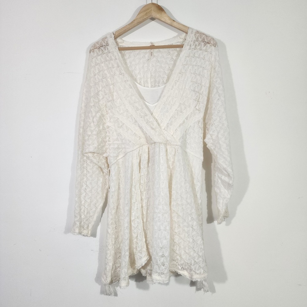 Free People Snug Bug Dress XS Ivory Lace Faux Wrap Tassel Boho ethereal fairy‎
